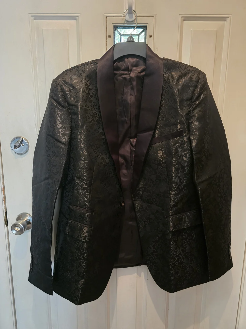 Men's Black Brocade Shawl Collar Blazer, XL